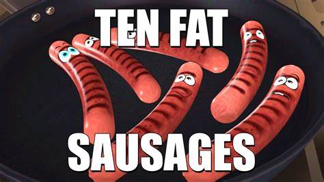 Ten fat sausages sizzling in a pan